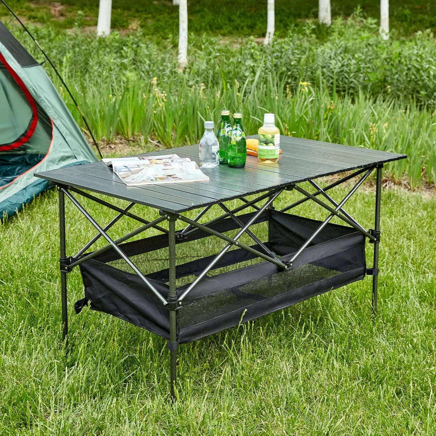 1-Piece Folding Outdoor Table with Carrying Bag, Lightweight Aluminum Roll-Up Rectangular Table for Camping, Picnics, Beach, BBQ, Backyard, Patio – 46.46 x 27.56 x 27.56 Inches, Black