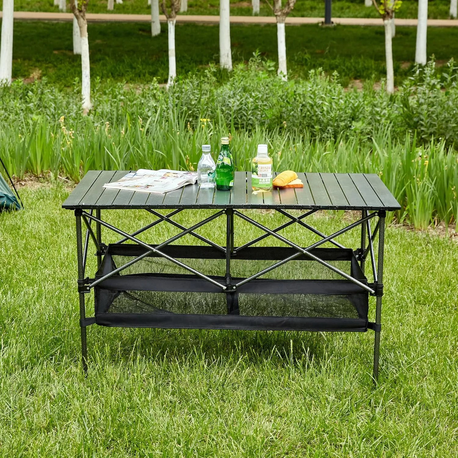 1-Piece Folding Outdoor Table with Carrying Bag, Lightweight Aluminum Roll-Up Rectangular Table for Camping, Picnics, Beach, BBQ, Backyard, Patio – 46.46 x 27.56 x 27.56 Inches, Black