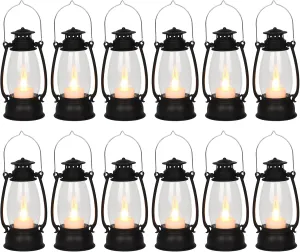 12Pcs Mini Lantern with Flickering LED Candle, Black 6" Hanging Candle Lantern, Table Centerpiece, Vintage Lantern Decorative for Western Party Decor, Halloween,Wedding,Christmas Decorations