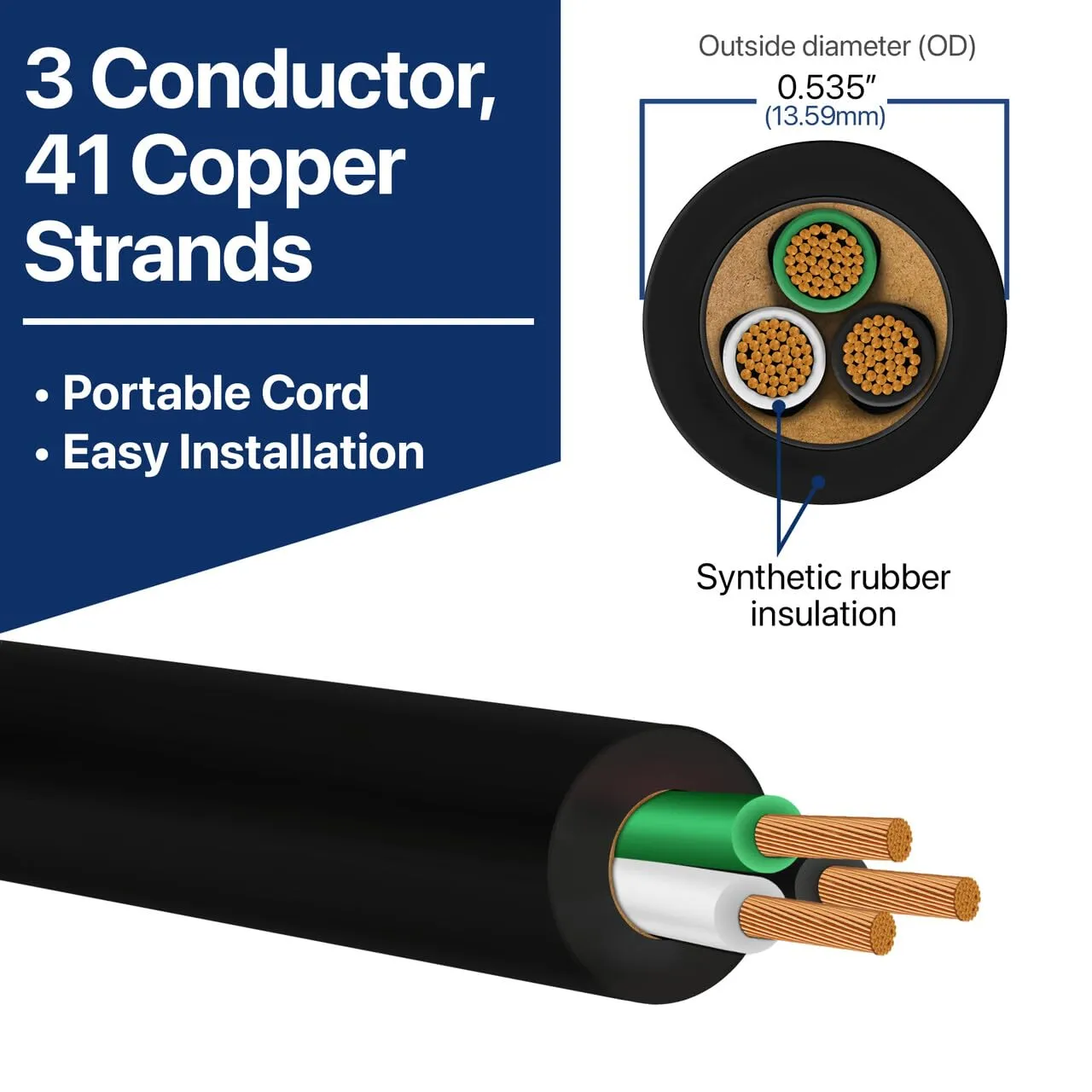 14/3 SOOW 14 AWG 3 Conductor 600 Volt Portable Power Cable - 50 Foot