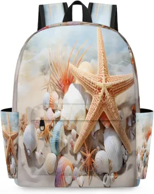 15.1 Inch Casual Backpack Seashells Small Backpack with Multiple Pocket Waterproof Mini Bags Daypack with Chest Strap Coral and Starfishes Travel Bag