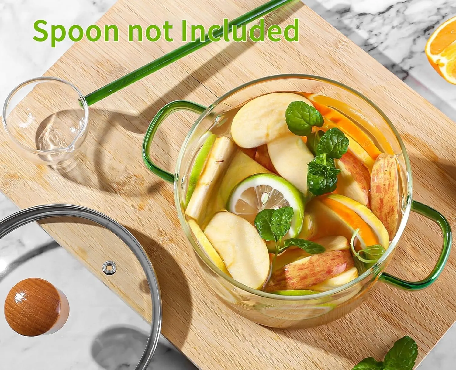 1.5L/51oz/6cups Glass Cooking Pot Glass Simmer Pot Quick Food Heating Saves Energy Heat Resistant 0 to 400 ℉ Oven Gas Electric Stove Safe for Pasta Soups Potpourri (Green Handle Glass Potpourri Pot)
