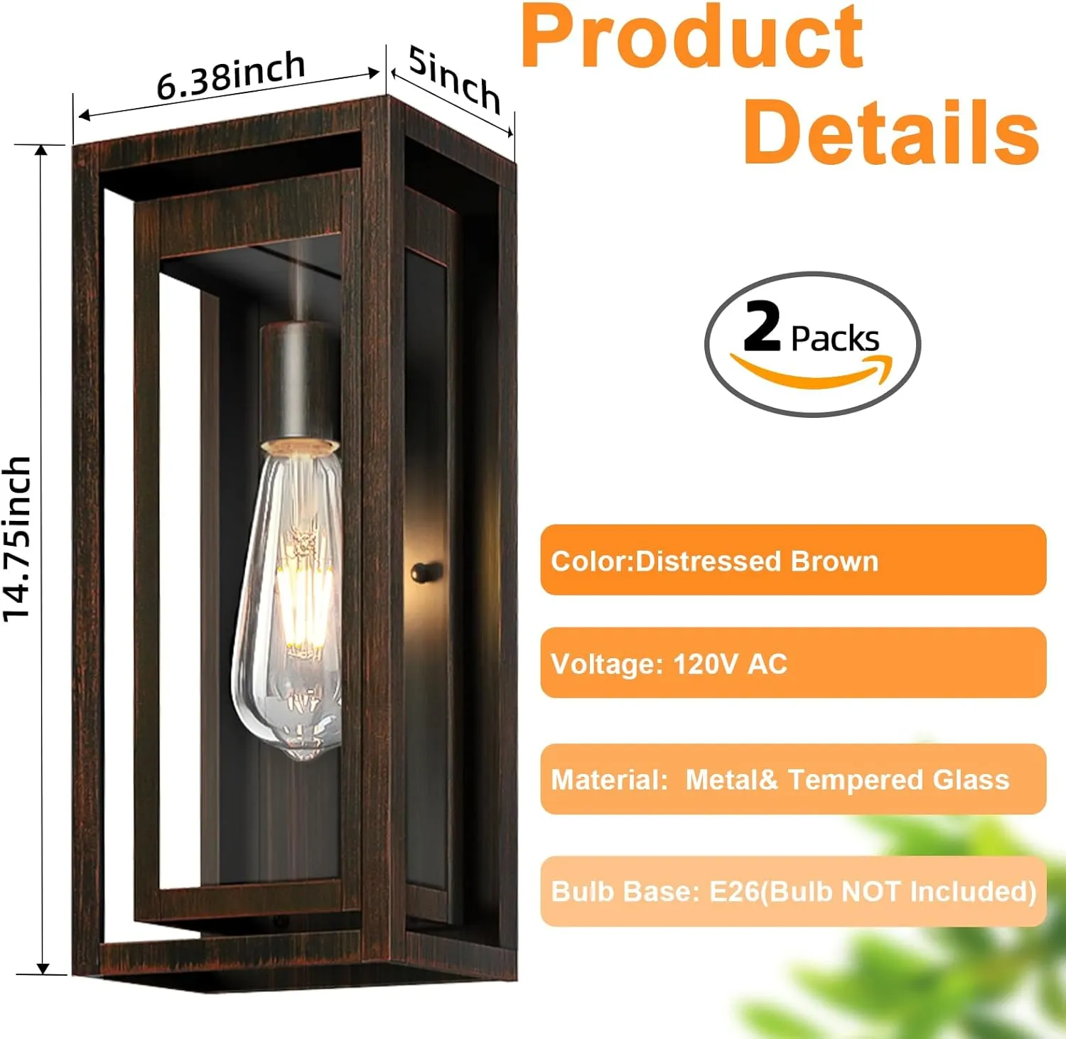 15" Large Outdoor Light Fixture Wall Mount, 2 Pack Distressed Brown Outdoor Sconce Lights, Modern Waterproof Exterior Porch Lights with Clear Glass Shade for Front Door, Garage