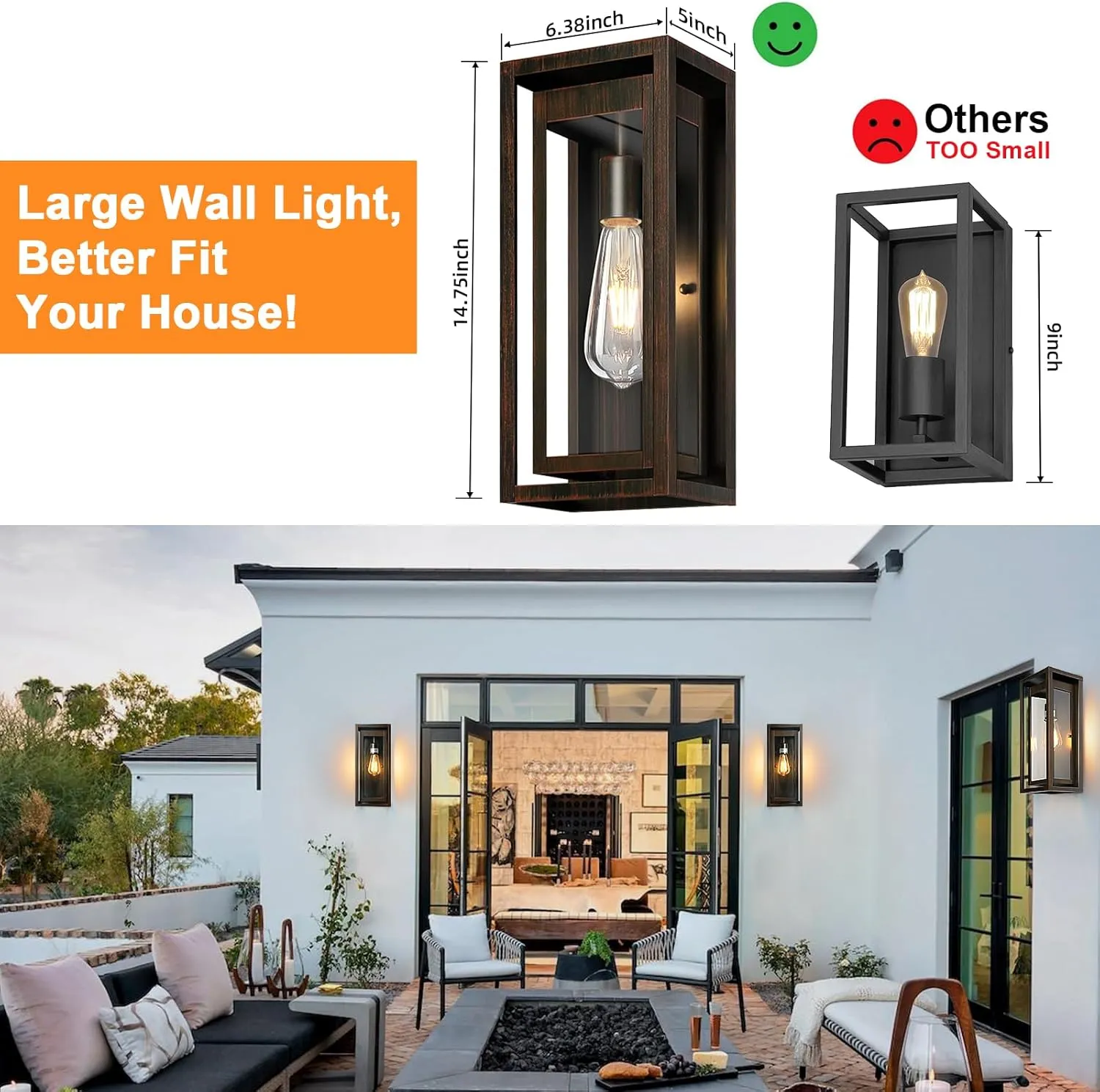 15" Large Outdoor Light Fixture Wall Mount, 2 Pack Distressed Brown Outdoor Sconce Lights, Modern Waterproof Exterior Porch Lights with Clear Glass Shade for Front Door, Garage