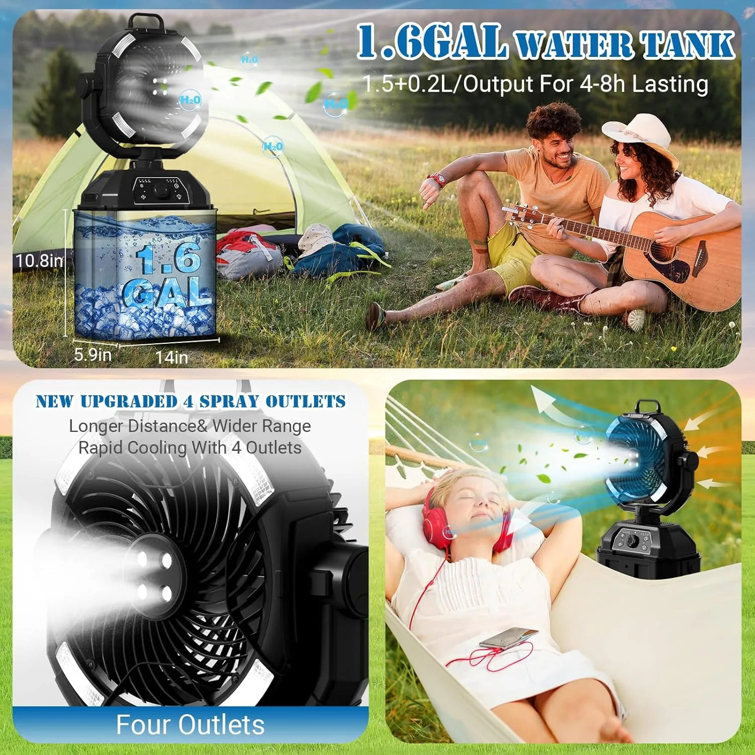 1.6GAL Bucket Portable Misting Fans for Outdoors Patios,20000mAh Rechargeable Battery Operated Camping Fan-4 Spray Outlets & LED Lantern,Outdoor Mister Cooling Fan for Travel Tent Party Office