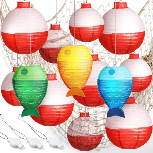 17 Pcs Fishing Birthday Party Decorations Set 3 Fish Shaped Hanging Paper Lanterns 10 Fishing Bobber Round Paper Lanterns 1 Fish Net and 3 LED Lights for Fishermen Themed Pool Party Decorations