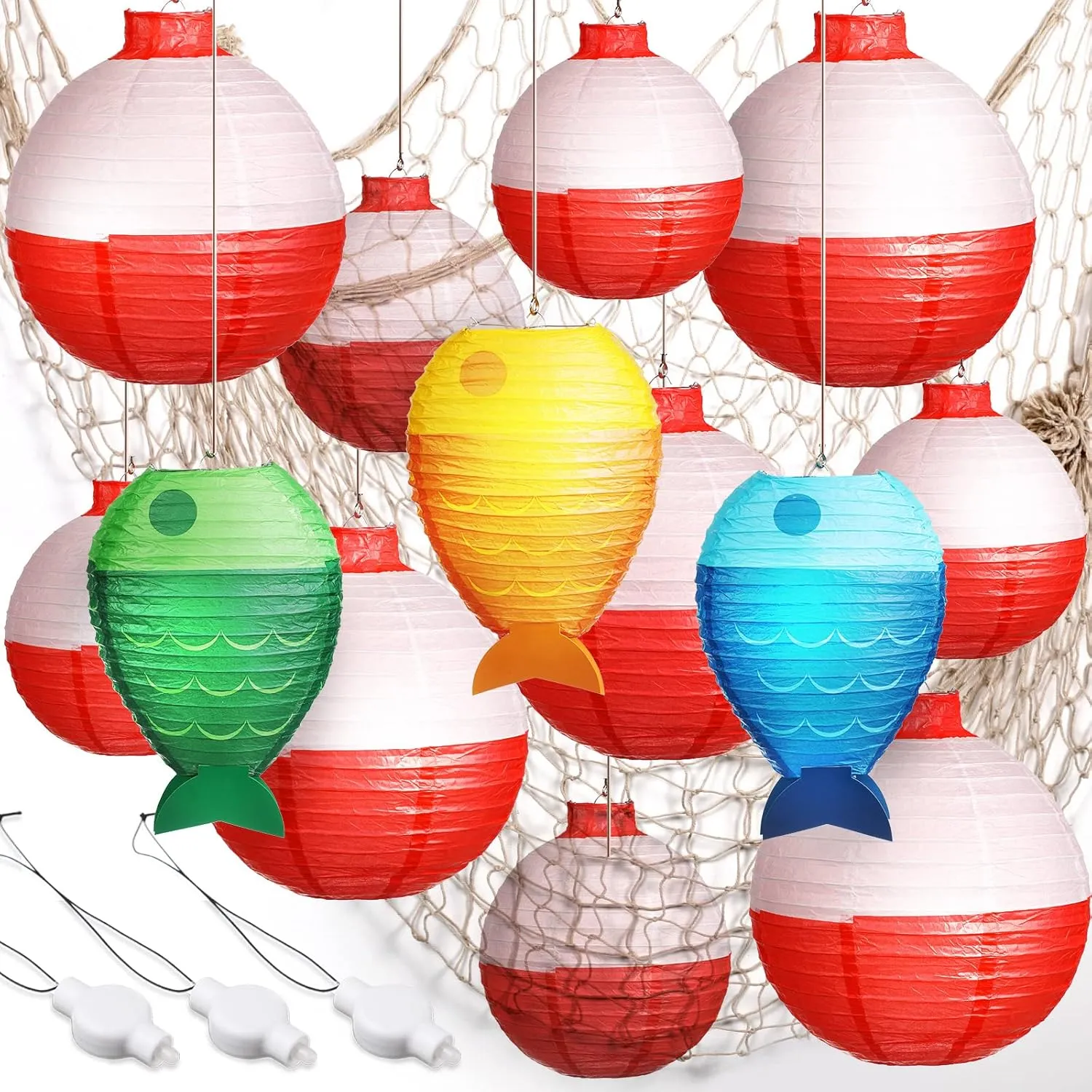17 Pcs Fishing Birthday Party Decorations Set 3 Fish Shaped Hanging Paper Lanterns 10 Fishing Bobber Round Paper Lanterns 1 Fish Net and 3 LED Lights for Fishermen Themed Pool Party Decorations
