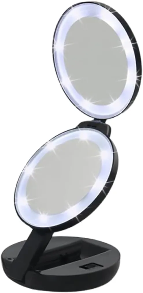 1Pc Folding Makeup Mirror with LED Lights Portable Compact Travel Mirror Double Sided Lightweight Design for for Home Travel Use Black