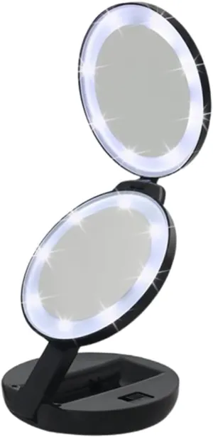 1Pc Folding Makeup Mirror with LED Lights Portable Compact Travel Mirror Double Sided Lightweight Design for for Home Travel Use Black