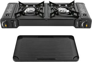 2 Burner Camp Stove, Portable Butane Camping Stove with Non-sticking Grill Tray, Piezo Ignition Two Burners Outdoor Camping Stove for Home Camping Party BBQ