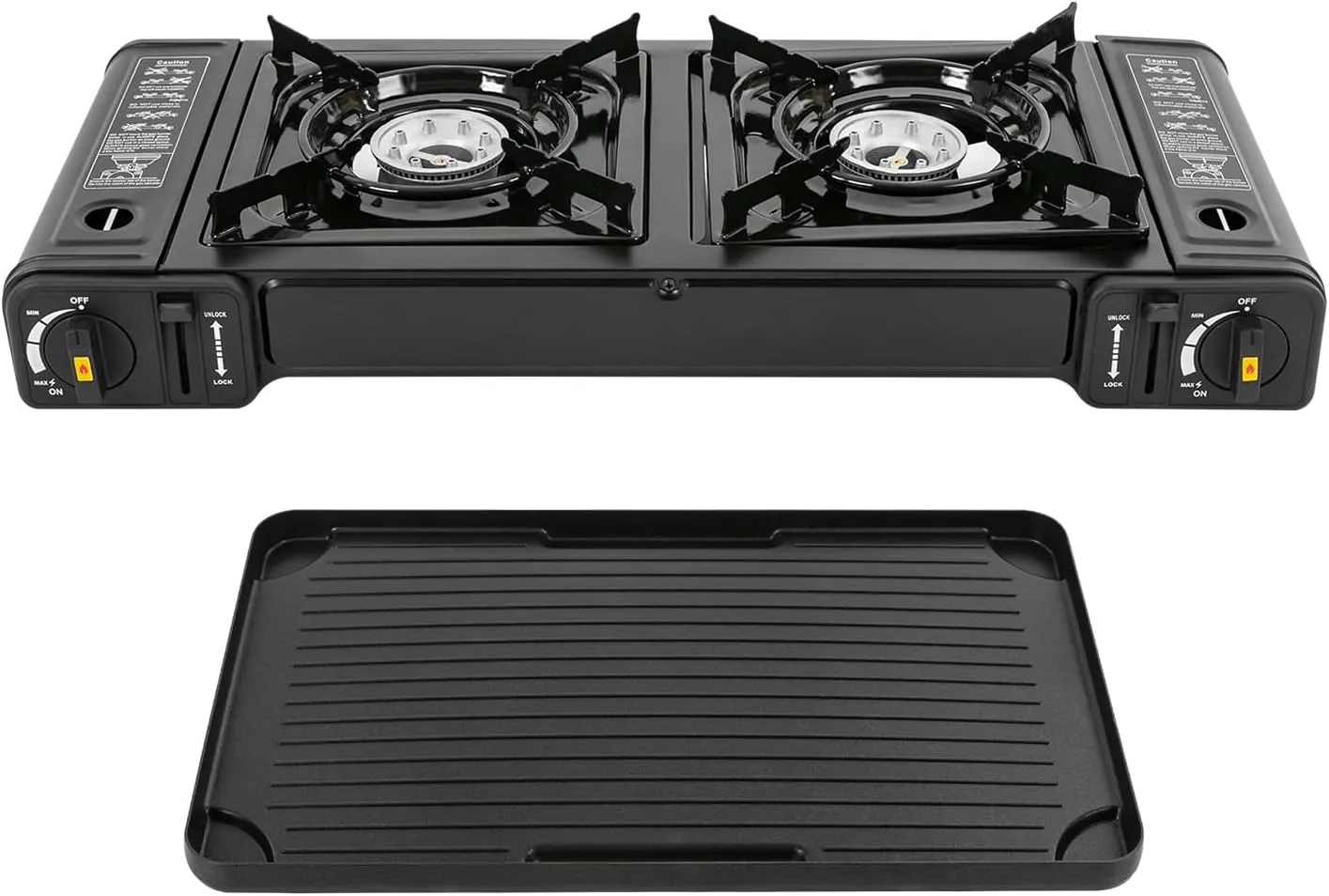 2 Burner Camp Stove, Portable Butane Camping Stove with Non-sticking Grill Tray, Piezo Ignition Two Burners Outdoor Camping Stove for Home Camping Party BBQ