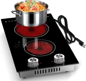 2 Burner Electric Cooktop, 110v Electric Stove with Plug, 12 Inch Countertop & Built-In Portable Electric Stove, 9 Levels of Power, 2000W, Knob Controls, Residual Heat Warnings, Karienvir