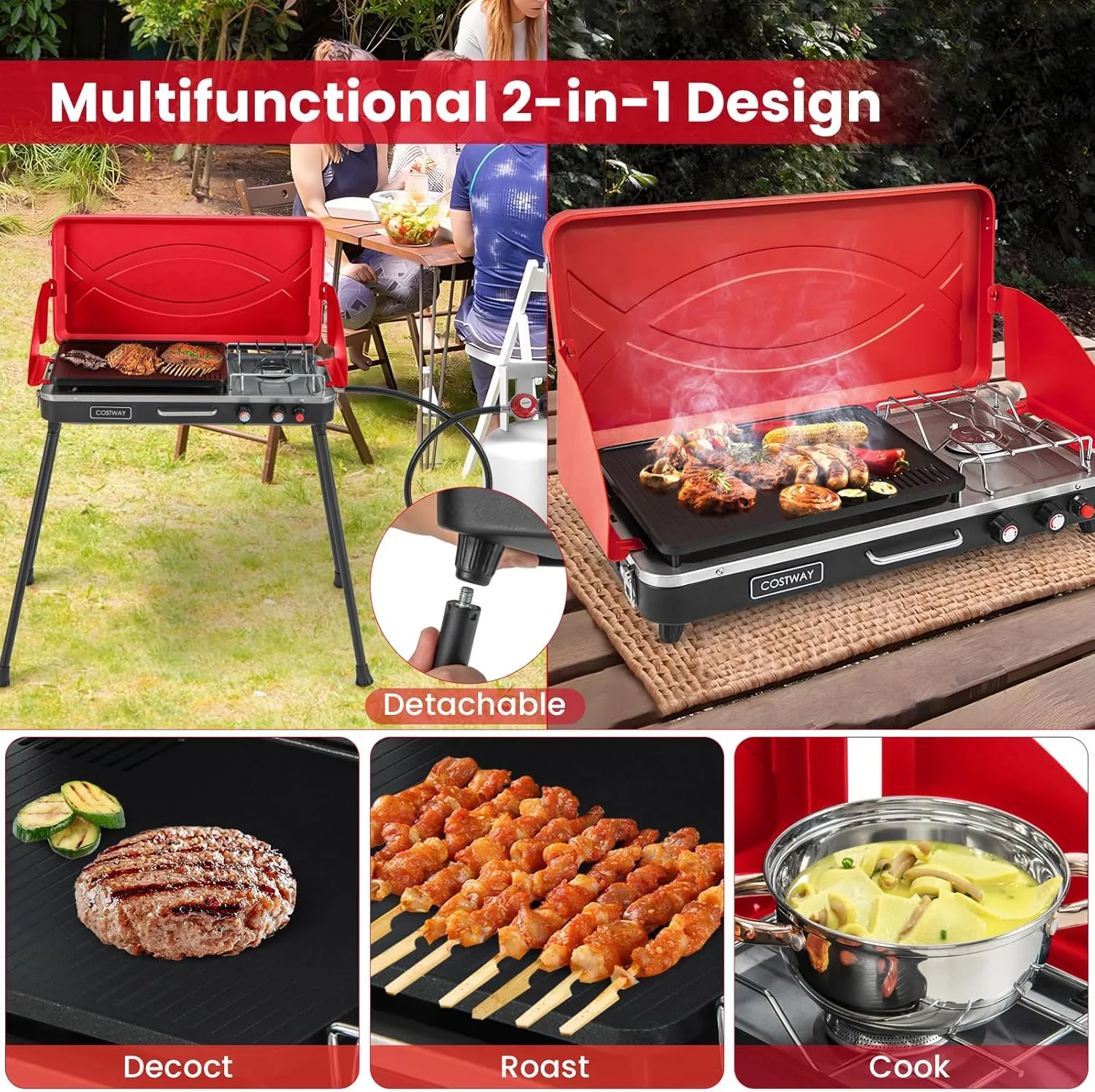 2-Burner Propane Camping Stove, Portable Camp Grill w/Roast Grill, 3-Sided Wind Screen, Removable Leg, Dual Control Knobs, Outdoor Stove for BBQ Picnic, 20000 BTU (Red)
