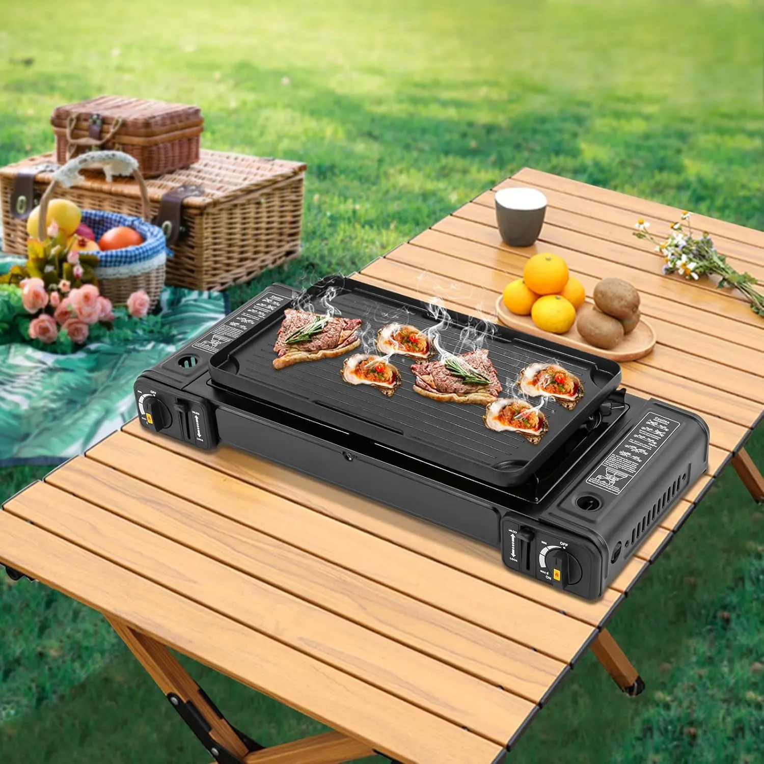 2 Burners Portable Camping Stove with Grill Pan Butane Gas Stove Double Burners Outdoor Propane Stove for Travel Camp Hiking (With Grill pan)