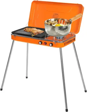 2-in-1 Camping Grill/Stove with Removable Leg Stand, Portable Gas Grill Cooker with 2 Burner, Outdoor Grill Stove for Camping BBQ Picnic, 5860 BTUs BBQ Grill with Top Cover Lid, Orange