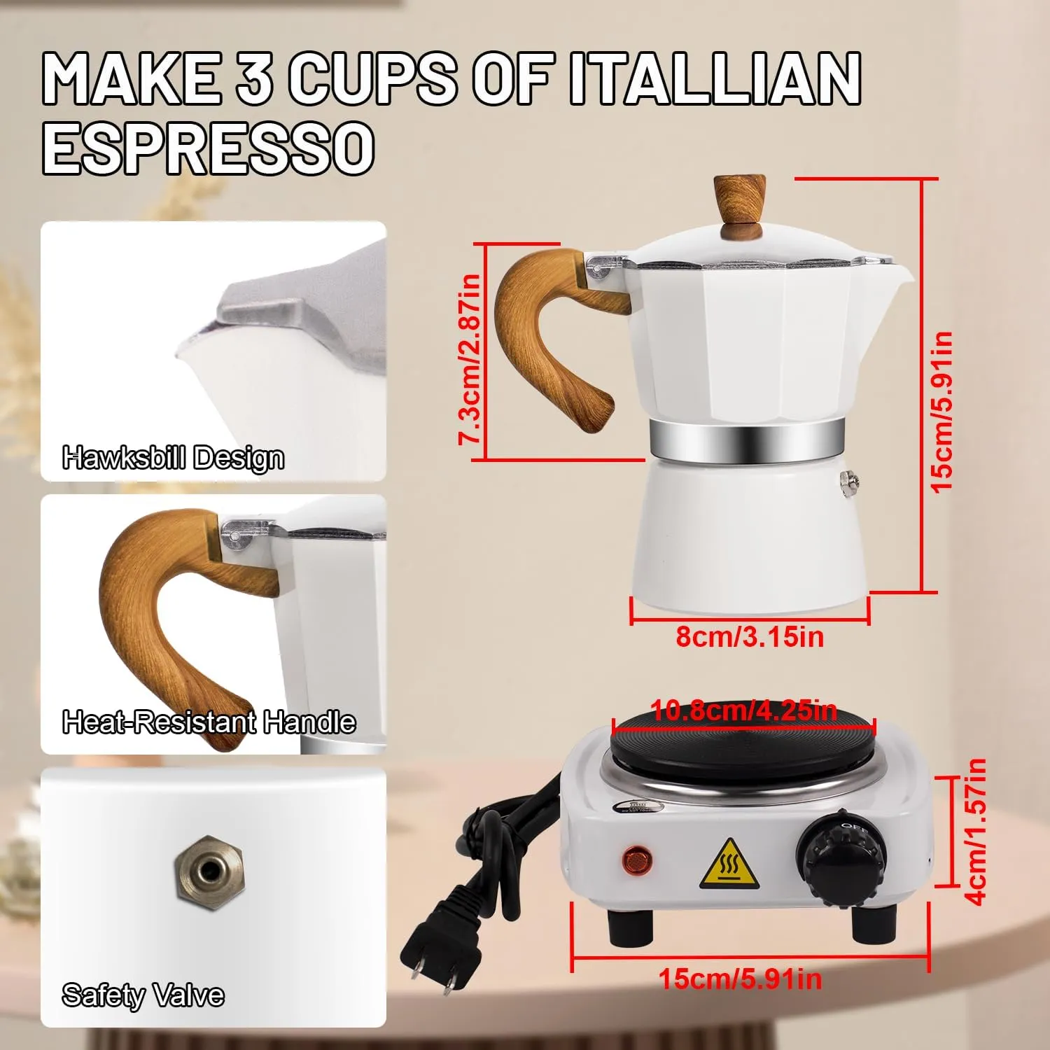 2-in-1 Moka Pot Espresso Set with Electric Stove 3 Cup Aluminum Stovetop Coffee Maker Percolator Italian Classic Mocha Coffee Machine for Italian and Cuban Cafe Brewing Portable Camping Travel
