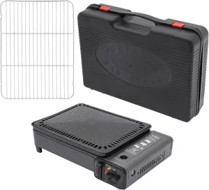 2-in-1 Portable Gas Camping Grill & Stove Set - Table Grill with BBQ Accessories, Grill Grate, Pan, Case, for Outdoor Balcony Use