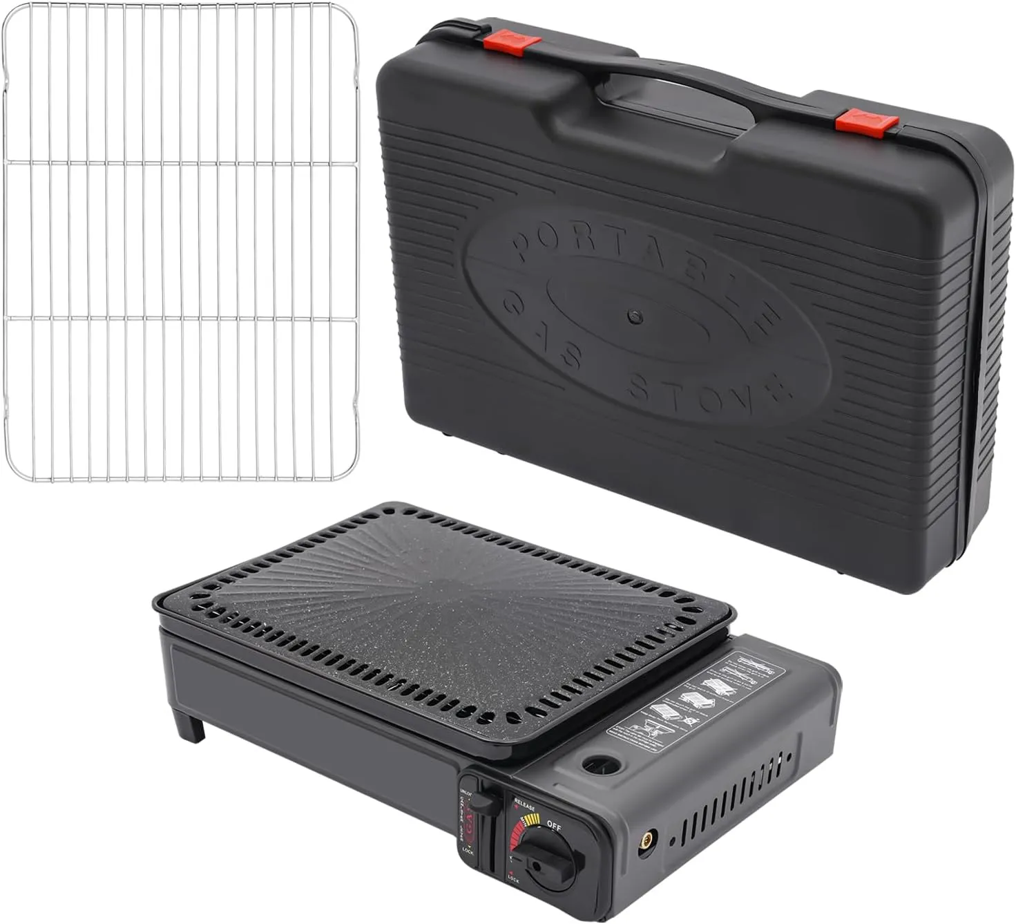 2-in-1 Portable Gas Camping Grill & Stove Set - Table Grill with BBQ Accessories, Grill Grate, Pan, Case, for Outdoor Balcony Use