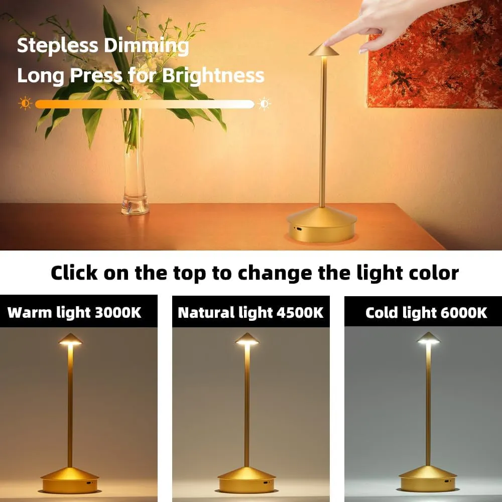 2 Pack Aluminum Cordless Table Lamp, 6000mAh Rechargeable Table Lamps, Portable Touch LED Lamp, Outdoor Waterproof Dimmable Cordless Rechargeable Table Lamps for Restaurant/Patio- Black (Gold)