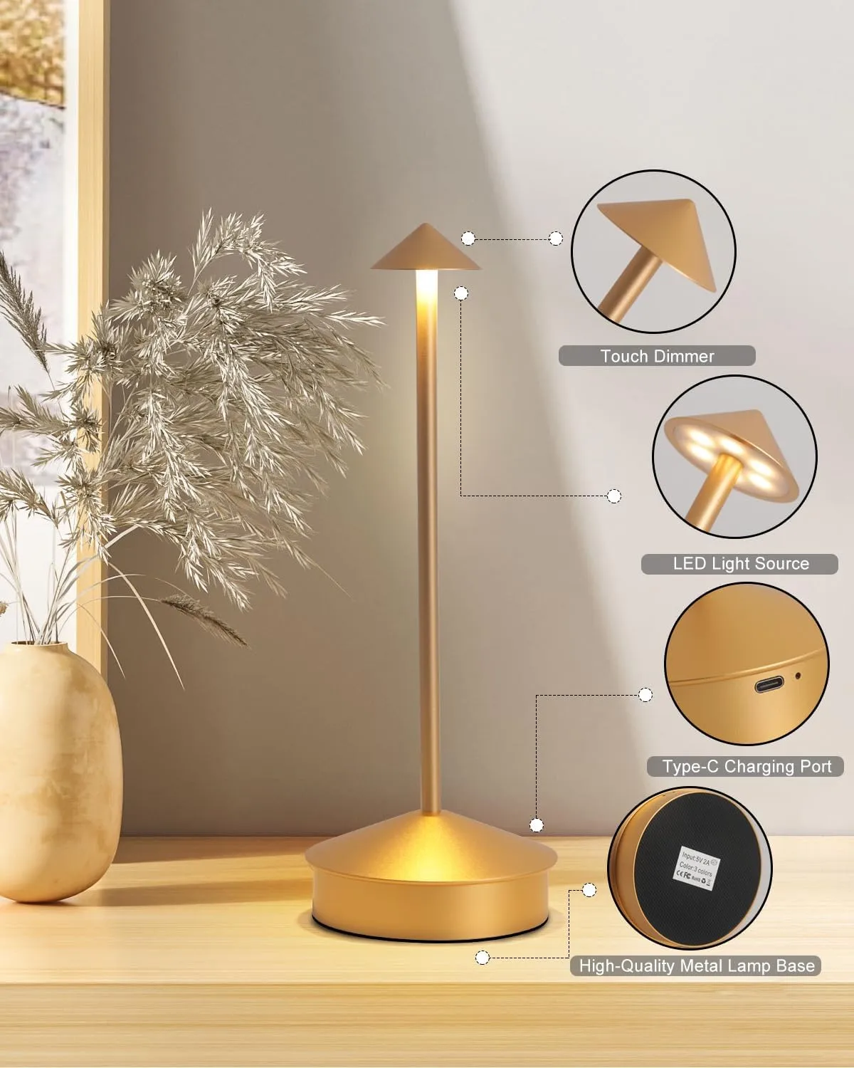 2 Pack Aluminum Cordless Table Lamp, 6000mAh Rechargeable Table Lamps, Portable Touch LED Lamp, Outdoor Waterproof Dimmable Cordless Rechargeable Table Lamps for Restaurant/Patio- Black (Gold)