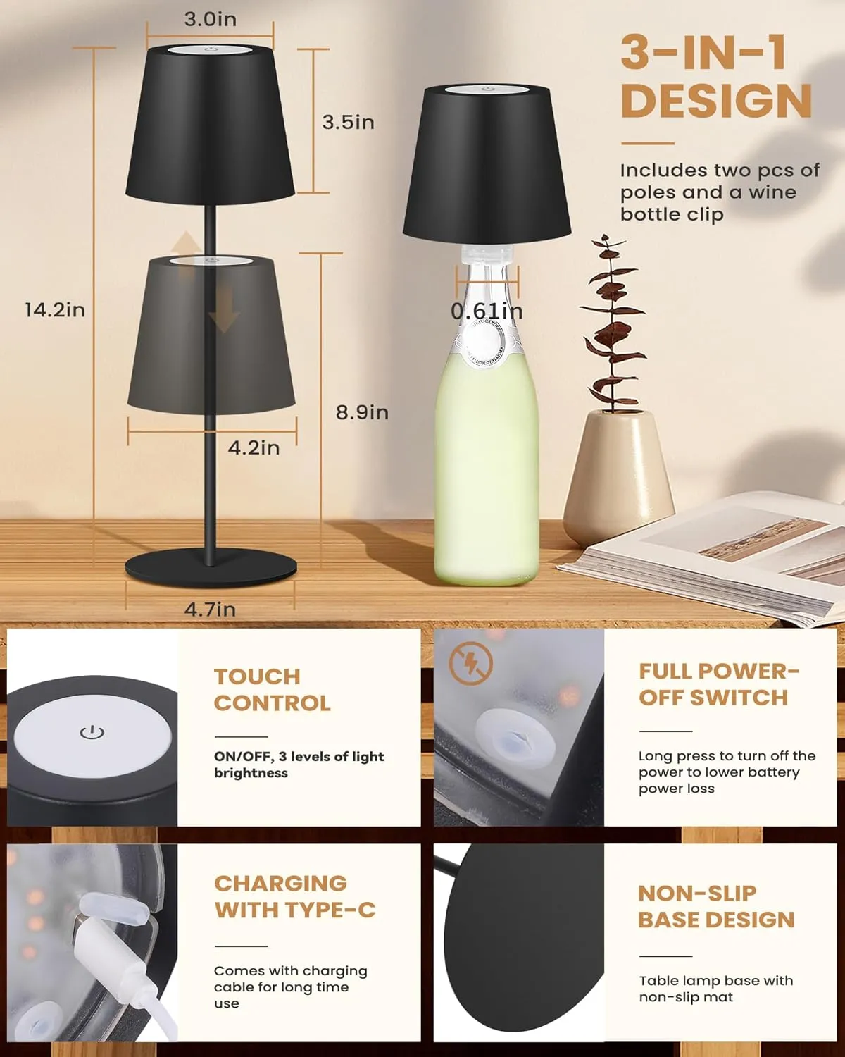2 Pack Cordless Table Lamp,Wireless Bottle Lamp,3 Level Dimming LED Portable Desk lamp,5000mAh Rechargeable Battery,One-Touch Power Off,Waterproof Outdoor,for Bedroom/Bars/Camping(Black)