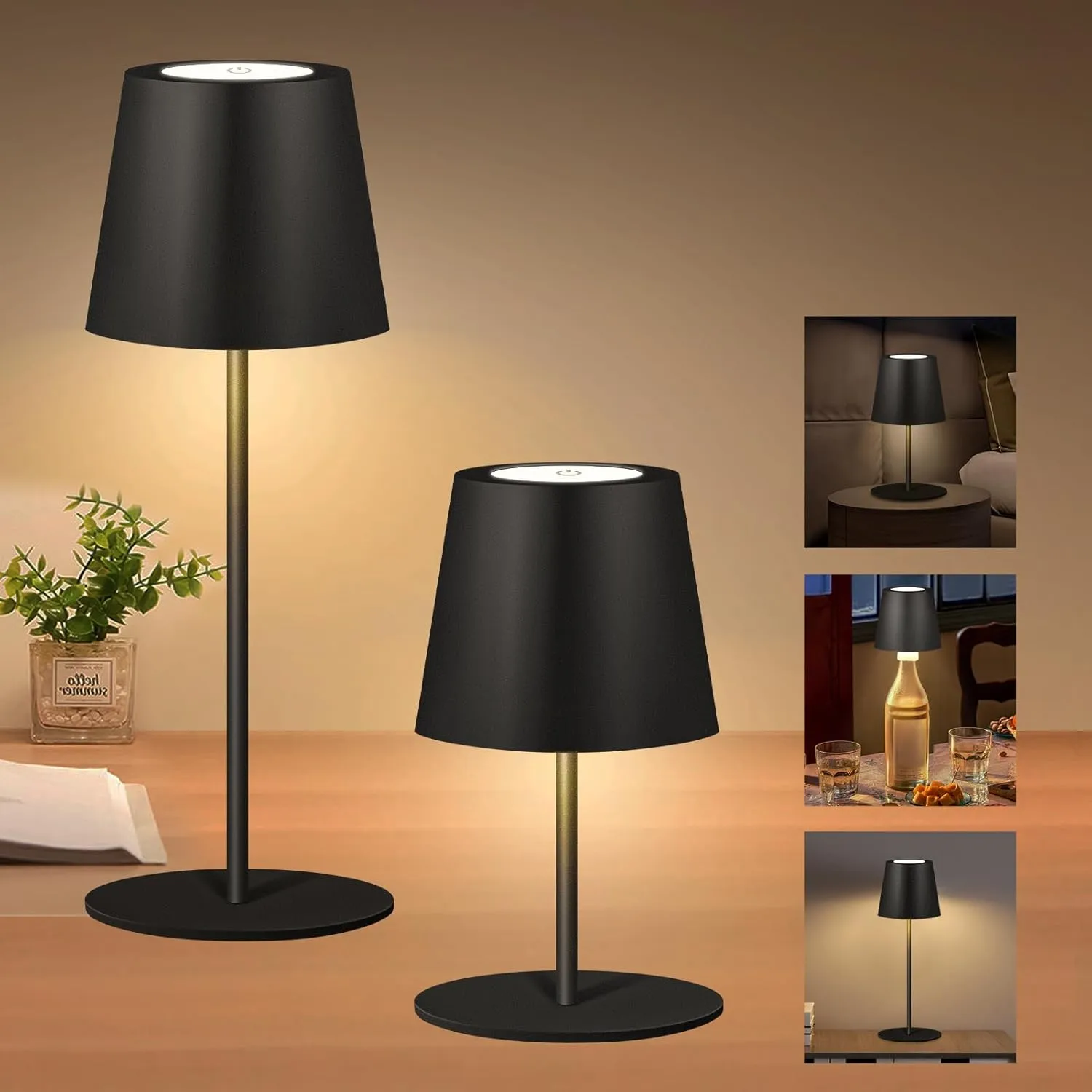2 Pack Cordless Table Lamp,Wireless Bottle Lamp,3 Level Dimming LED Portable Desk lamp,5000mAh Rechargeable Battery,One-Touch Power Off,Waterproof Outdoor,for Bedroom/Bars/Camping(Black)