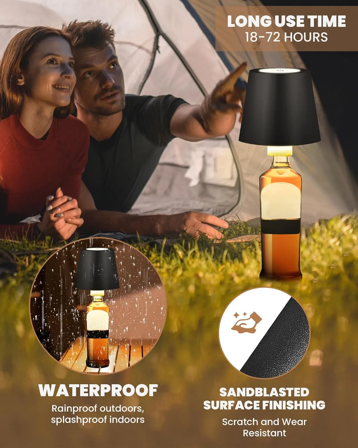 2 Pack Cordless Table Lamp,Wireless Bottle Lamp,3 Level Dimming LED Portable Desk lamp,5000mAh Rechargeable Battery,One-Touch Power Off,Waterproof Outdoor,for Bedroom/Bars/Camping(Black)