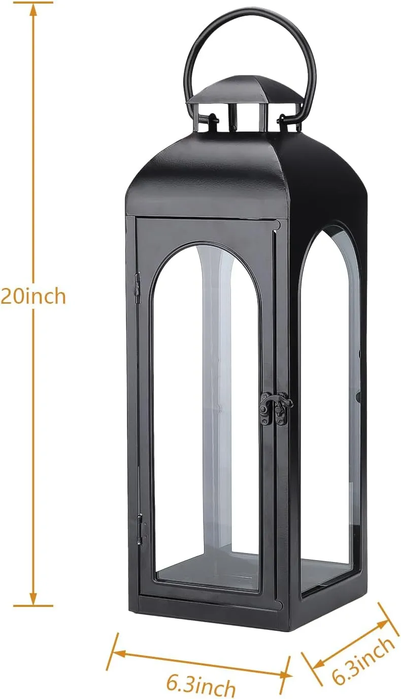 2 Pack Large Luxury Lantern Decorative Tall 20 Inches Black Metal Hurricane Lanterns with Clear Glass Panels for Front Porch,Tabletop, Mantle, Wall Hanging, or Garden Display, Indoor & Outdoor Use