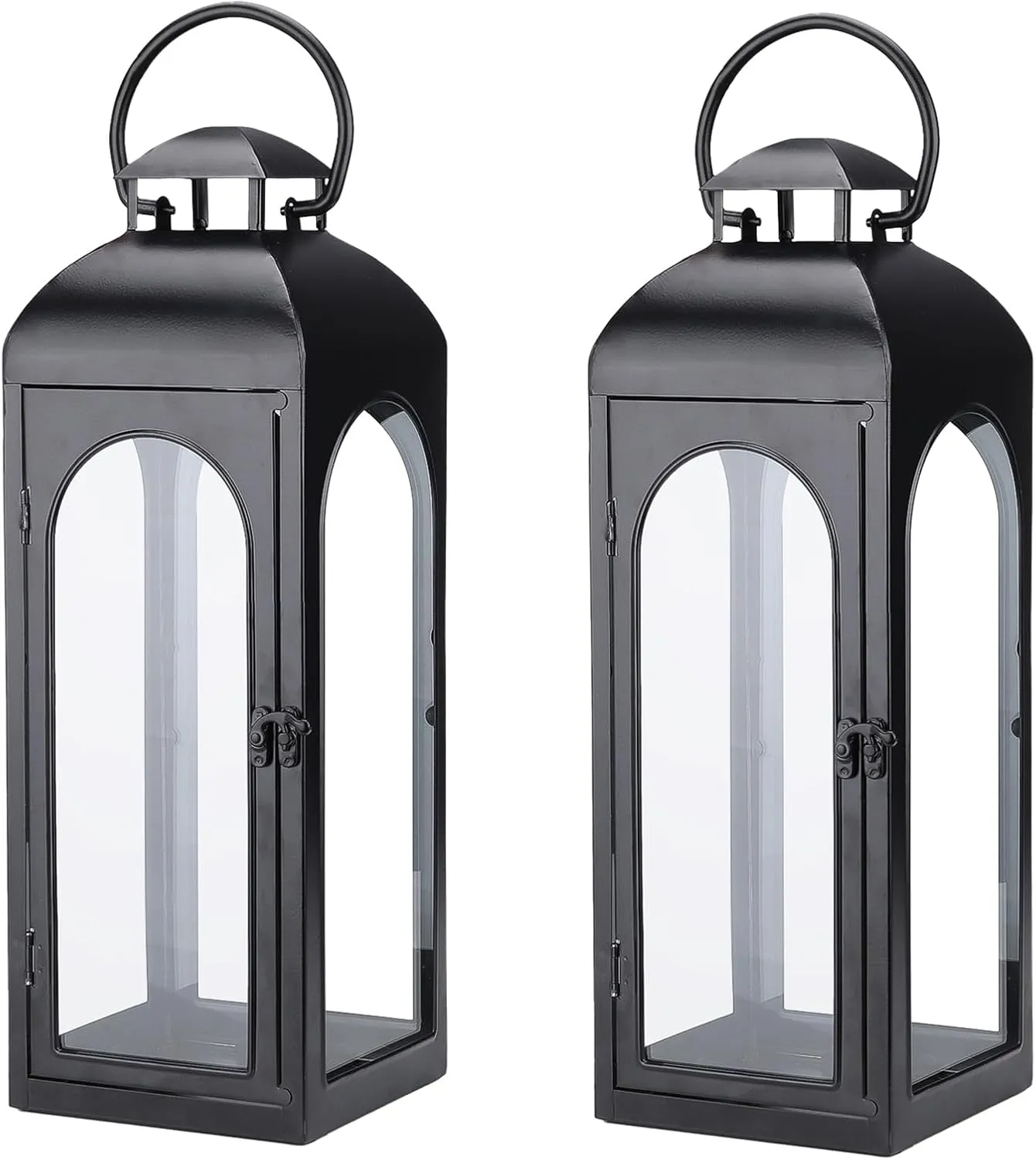 2 Pack Large Luxury Lantern Decorative Tall 20 Inches Black Metal Hurricane Lanterns with Clear Glass Panels for Front Porch,Tabletop, Mantle, Wall Hanging, or Garden Display, Indoor & Outdoor Use
