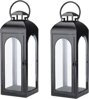 2 Pack Large Luxury Lantern Decorative Tall 20 Inches Black Metal Hurricane Lanterns with Clear Glass Panels for Front Porch,Tabletop, Mantle, Wall Hanging, or Garden Display, Indoor & Outdoor Use