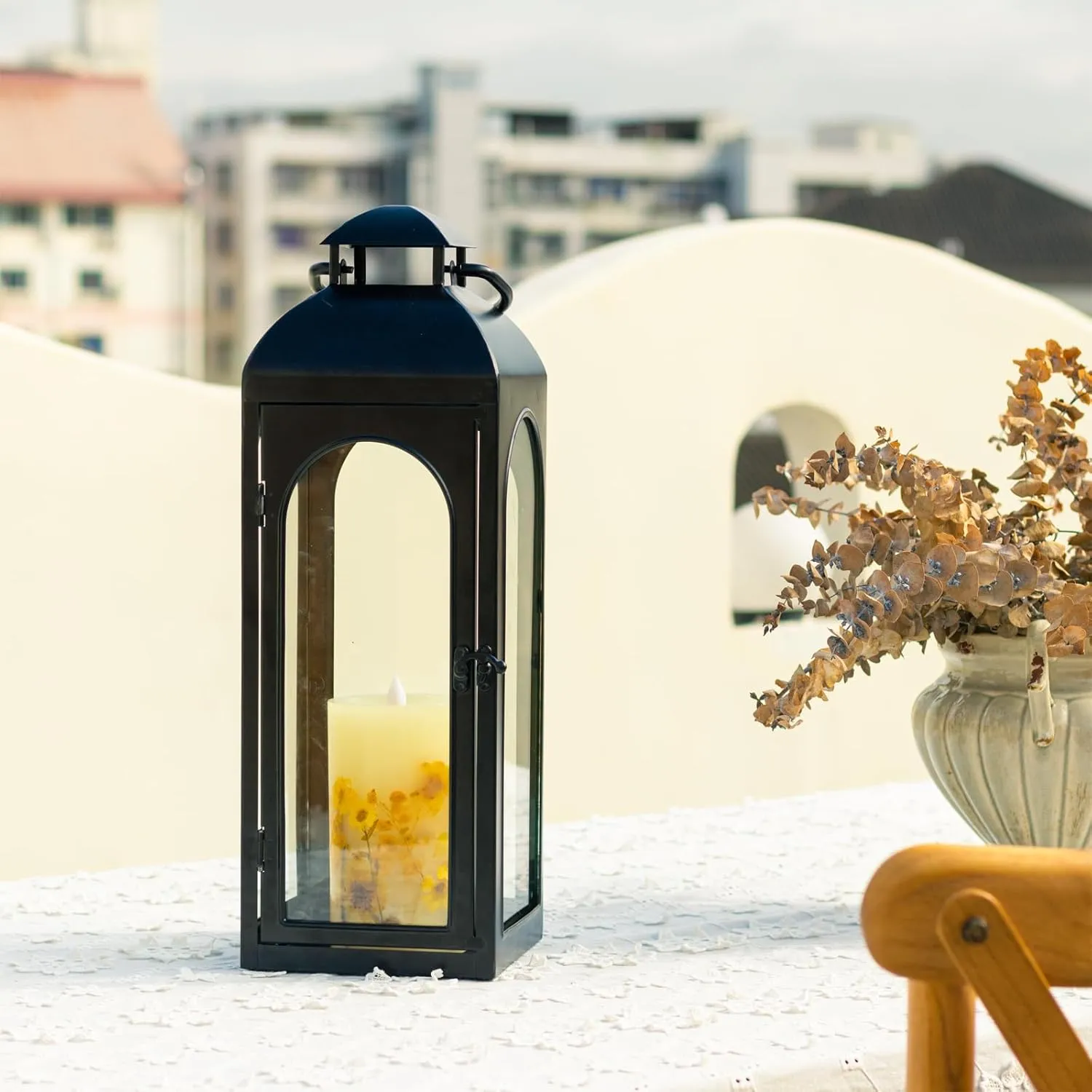 2 Pack Large Luxury Lantern Decorative Tall 20 Inches Black Metal Hurricane Lanterns with Clear Glass Panels for Front Porch,Tabletop, Mantle, Wall Hanging, or Garden Display, Indoor & Outdoor Use