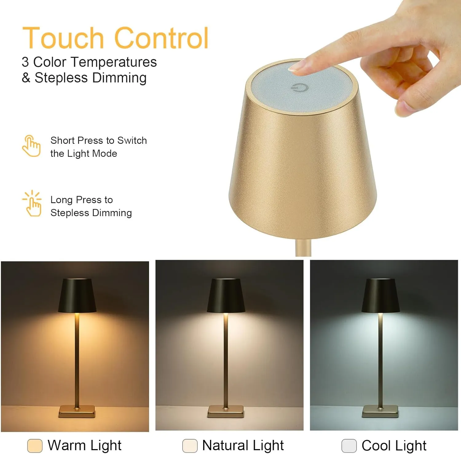 2 Pack Rechargeable Cordless Table Lamps, 5200mAh Battery Touch Table Light, Aluminum Shell Stepless Dimmable Portable LED Desk Lamp for Dinner/Restaurant/Outdoor Gold