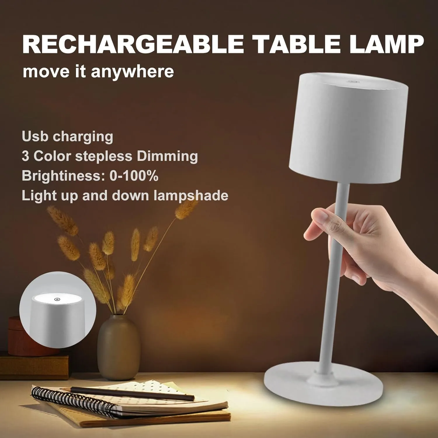 2 Pack Rechargeable Table Lamps, Battery Powered LED Desk Lamp, 3 Color Stepless Dimming Up, Portable Table Light for Bedroom/Couple Dinner/Desk/Cafe/Dining Room/Terrace,Waterproof & Wireless