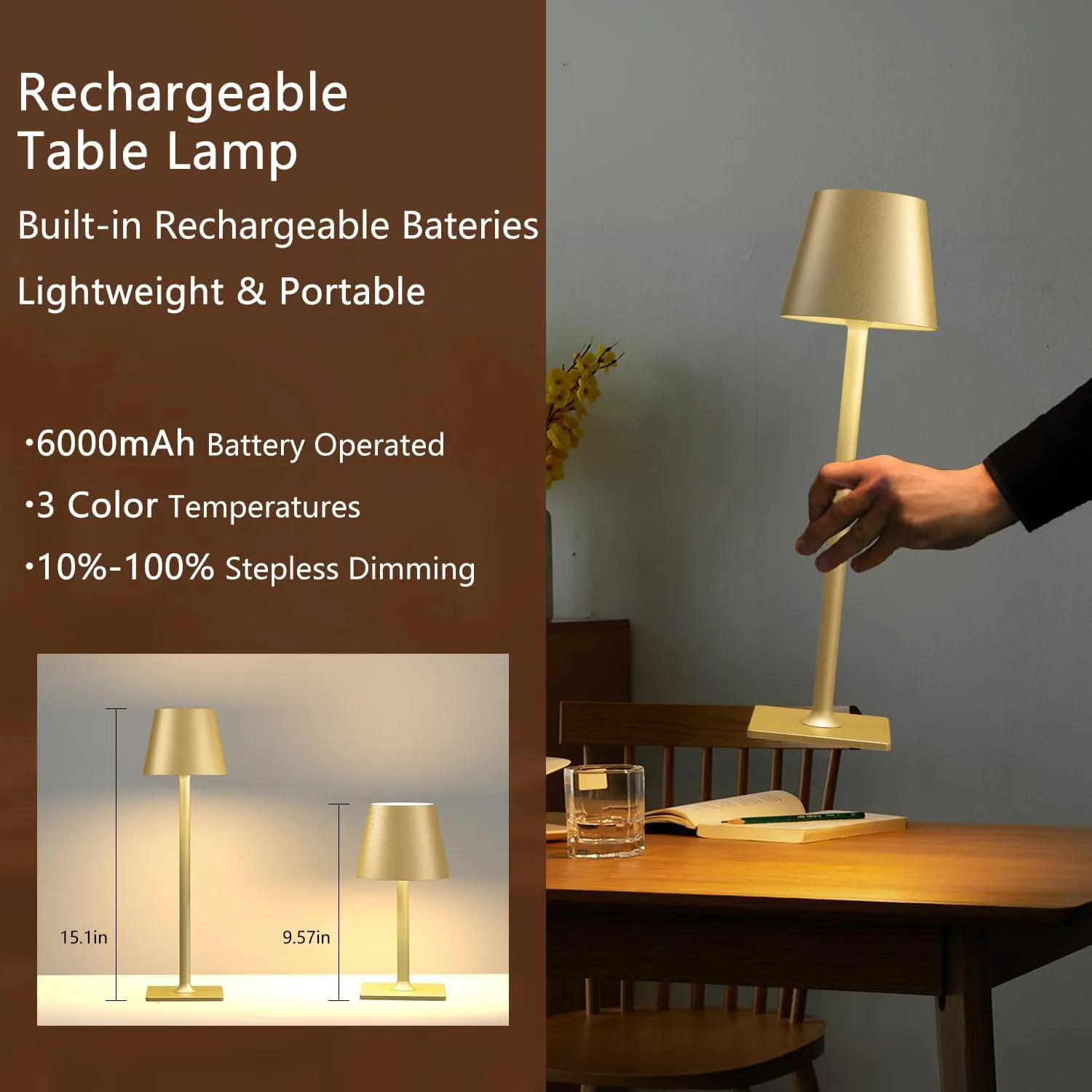 2 Pack Rechargeable Table Lamps Cordless Lamp - 6000mAh Battery Operated Touch Lamp Outdoor Table Lights Waterproof Wireless Portable Desk Lamp for Table Restaurant Bedroom Patio(Gold)