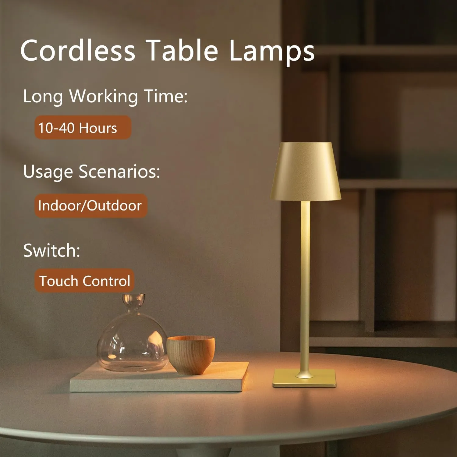 2 Pack Rechargeable Table Lamps Cordless Lamp - 6000mAh Battery Operated Touch Lamp Outdoor Table Lights Waterproof Wireless Portable Desk Lamp for Table Restaurant Bedroom Patio(Gold)