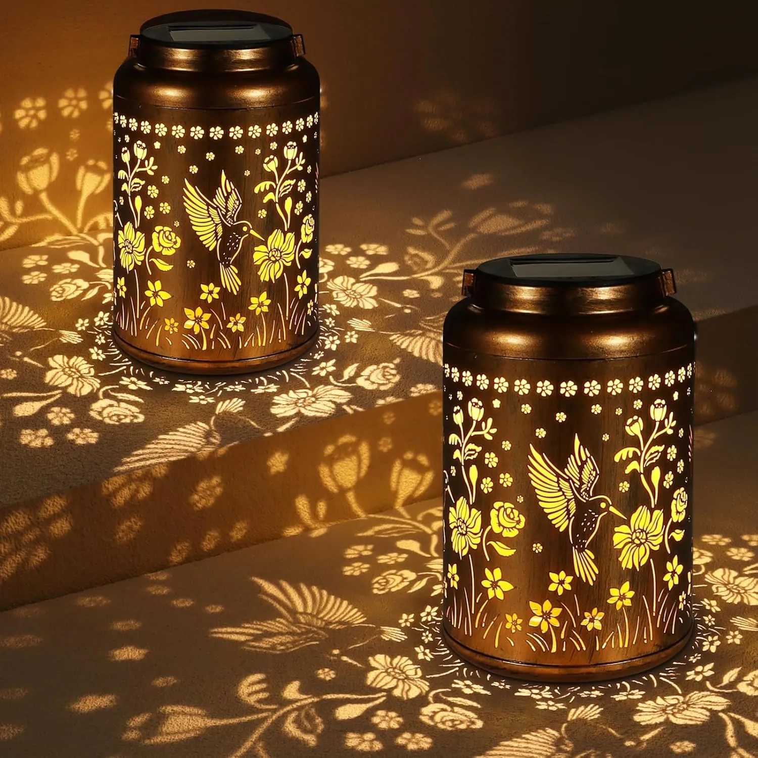 2 Pack Solar Lanterns Outdoor Waterproof, Hummingbird Garden Decor Gifts for Women Mom Grandma Hanging Solar Lights Metal Solar Decoration Outside for Yard, Patio, Lawn, Pathway, Landscape