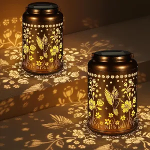 2 Pack Solar Lanterns Outdoor Waterproof, Hummingbird Garden Decor Gifts for Women Mom Grandma Hanging Solar Lights Metal Solar Decoration Outside for Yard, Patio, Lawn, Pathway, Landscape