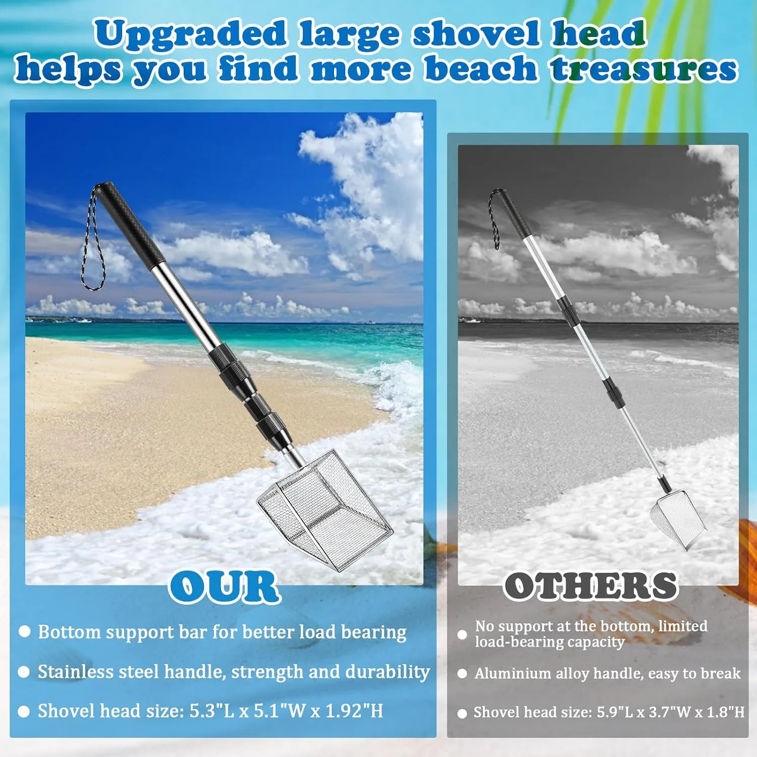 2 Ps Shell Scooper for Beach, Shark Tooth Sifter with Stainless Steel Adjustable Long Handle, Sand Sifter and Shovel Tool for The Beach to Collecting Shells, Shark Teeth Dipper for Kids and Adults