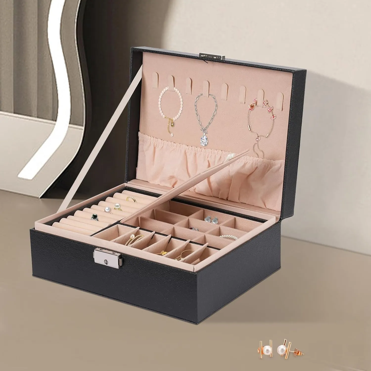 2-Tier jewellery organiser, Jewellery box, Tabletop Portable Jewelry Case, Lockable Jewelery Tray, for earrings,rings,necklaces,watches