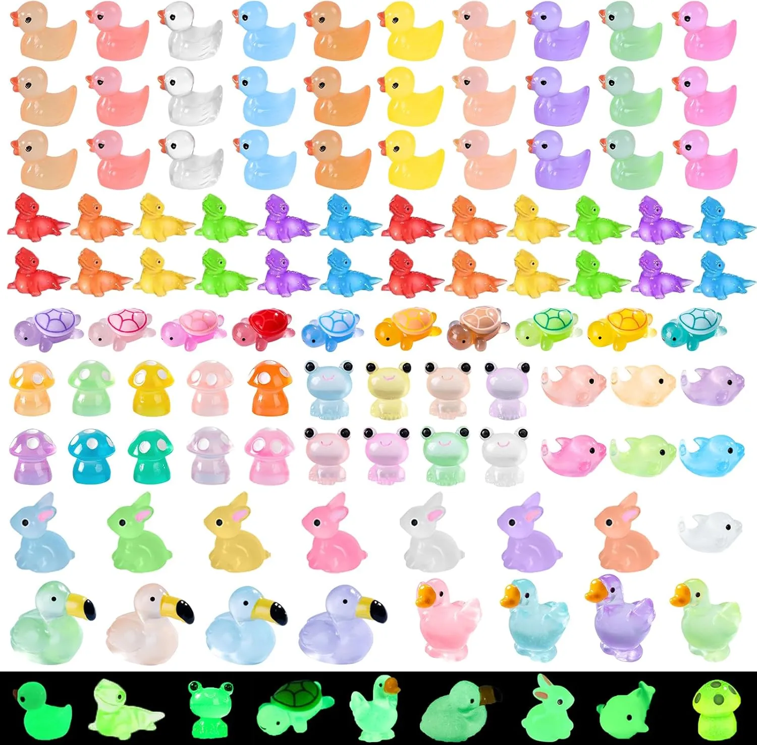 200 Pcs Luminous Mini Resin Ducks Lizards Tiny Frog Flamingo Glow in The Dark Resin Animals Mushroom Rabbit Aquarium Landscape Bonsai for Micro Dollhouse Decorations DIY Hide Seek