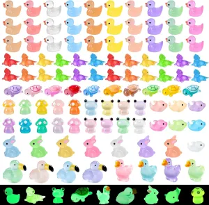 200 Pcs Luminous Mini Resin Ducks Lizards Tiny Frog Flamingo Glow in The Dark Resin Animals Mushroom Rabbit Aquarium Landscape Bonsai for Micro Dollhouse Decorations DIY Hide Seek