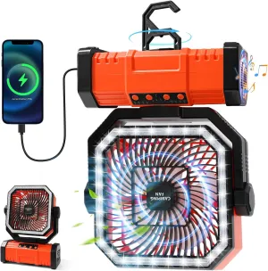 20000mAh Portable Camping Fan, Rechargeable Battery Operated Oscillating Camp Tent Fan With Bluetooth Speaker, 4 Speeds, LED lights & 360° Rotation Hook for Outdoor RV Travel Essentials