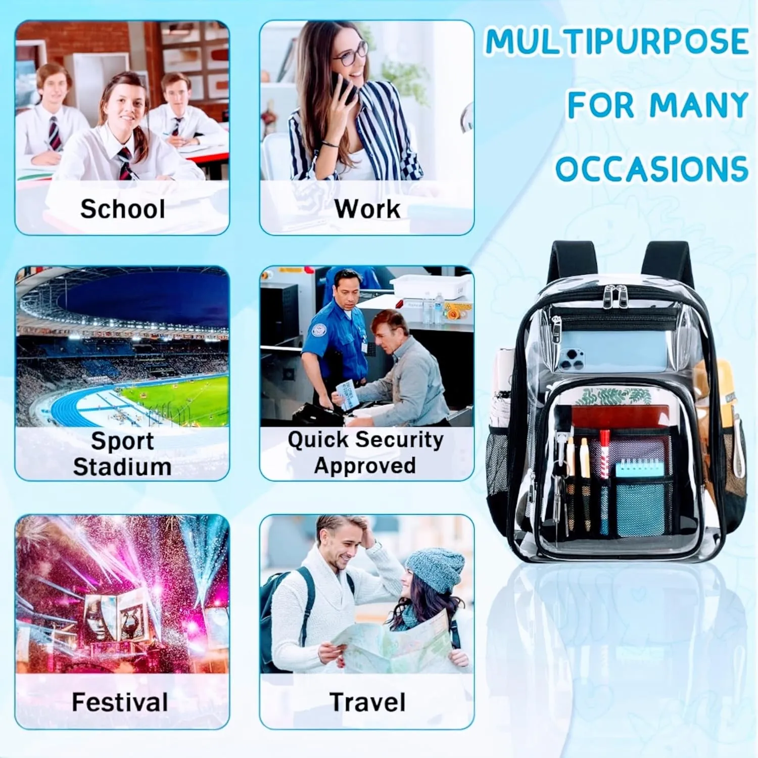 2/2 Pack Clear Backpack Bulk for Students SeeThrough Bag With Keychain Incluide Transparen Stadium Backpack (Black Purple Keychain Letter C Large), TY22092704