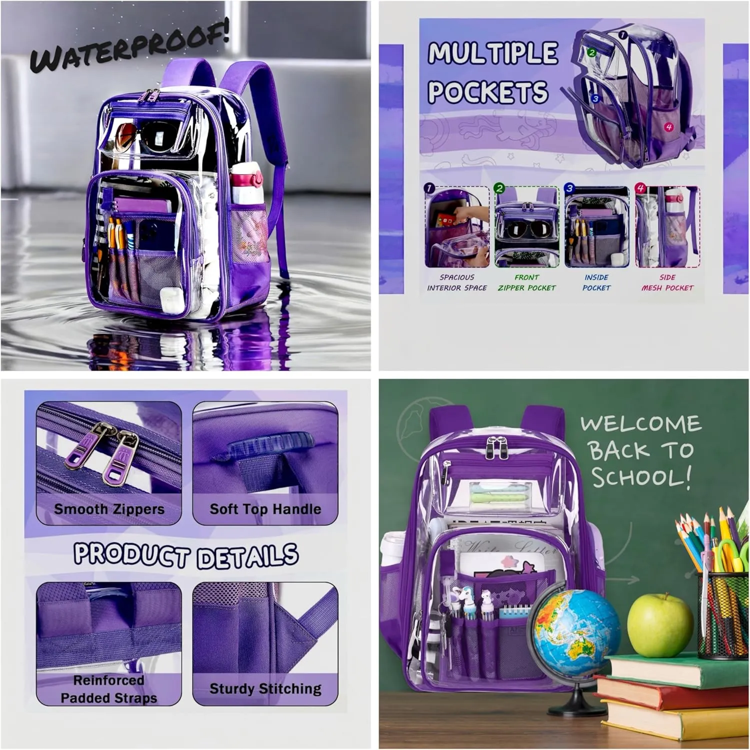 2/2 Pack Clear Backpack Bulk for Students SeeThrough Bag With Keychain Incluide Transparen Stadium Backpack (Black Purple Keychain Letter C Large), TY22092704