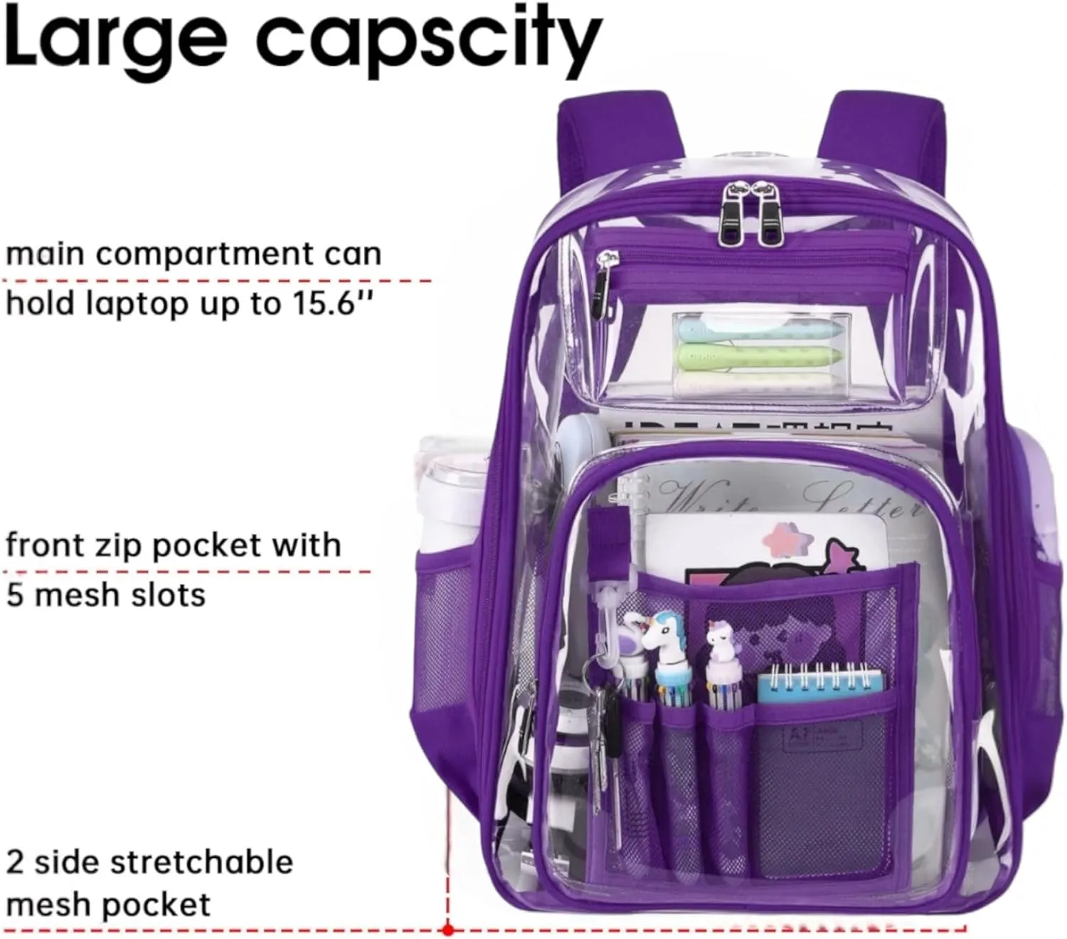 2/2 Pack Clear Backpack Bulk for Students SeeThrough Bag With Keychain Incluide Transparen Stadium Backpack (Black Purple Keychain Letter C Large), TY22092704