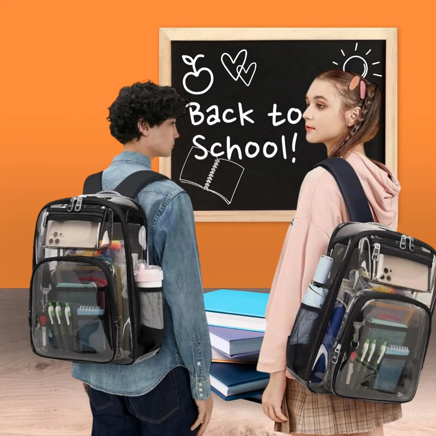 2/2 Pack Clear Backpack Bulk for Students SeeThrough Bag With Keychain Incluide Transparen Stadium Backpack (Black Purple Keychain Letter C Large), TY22092704