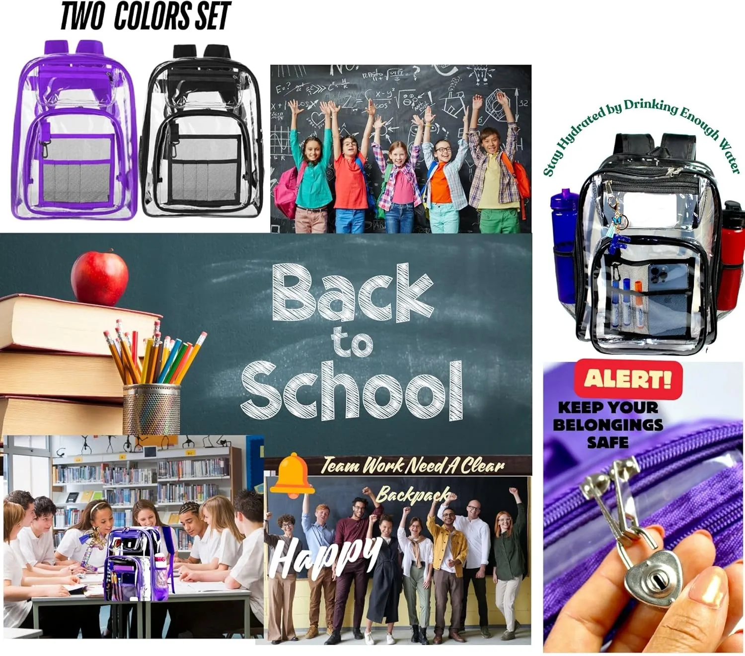 2/2 Pack Clear Backpack Bulk for Students SeeThrough Bag With Keychain Incluide Transparen Stadium Backpack (Black Purple Keychain Letter C Large), TY22092704