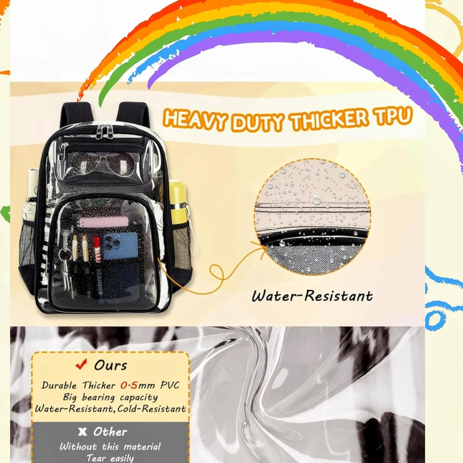 2/2 Pack Clear Backpack Bulk for Students SeeThrough Bag With Keychain Incluide Transparen Stadium Backpack (Black Purple Keychain Letter C Large), TY22092704