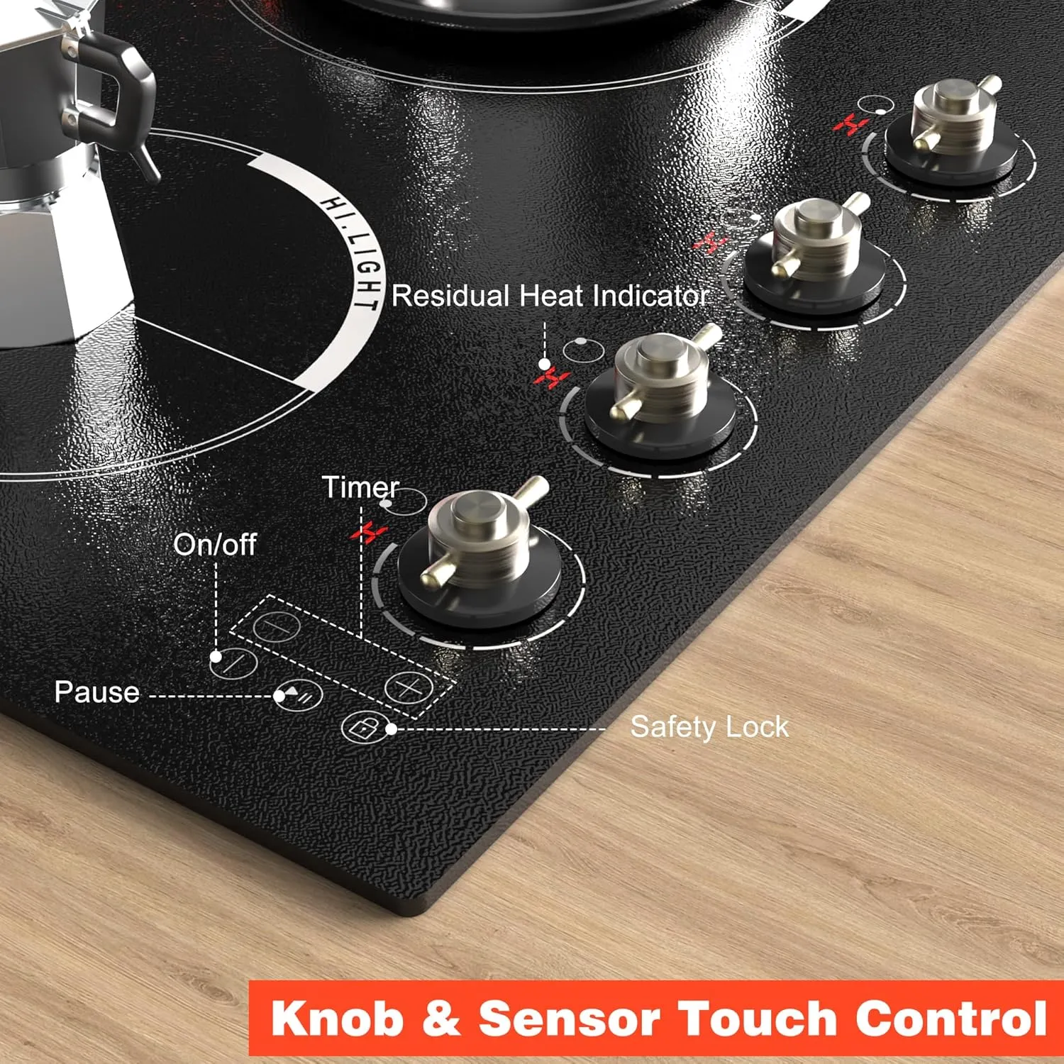 24 Inch Electric Cooktop - 4 Burner Built-in Glass Ceramic Stovetop 6000W, 220-240V Electric Stove Touch and Knob Control, Safety Lock, Pause, 99 Min Timer, 240V Hard Wire(No Plug)