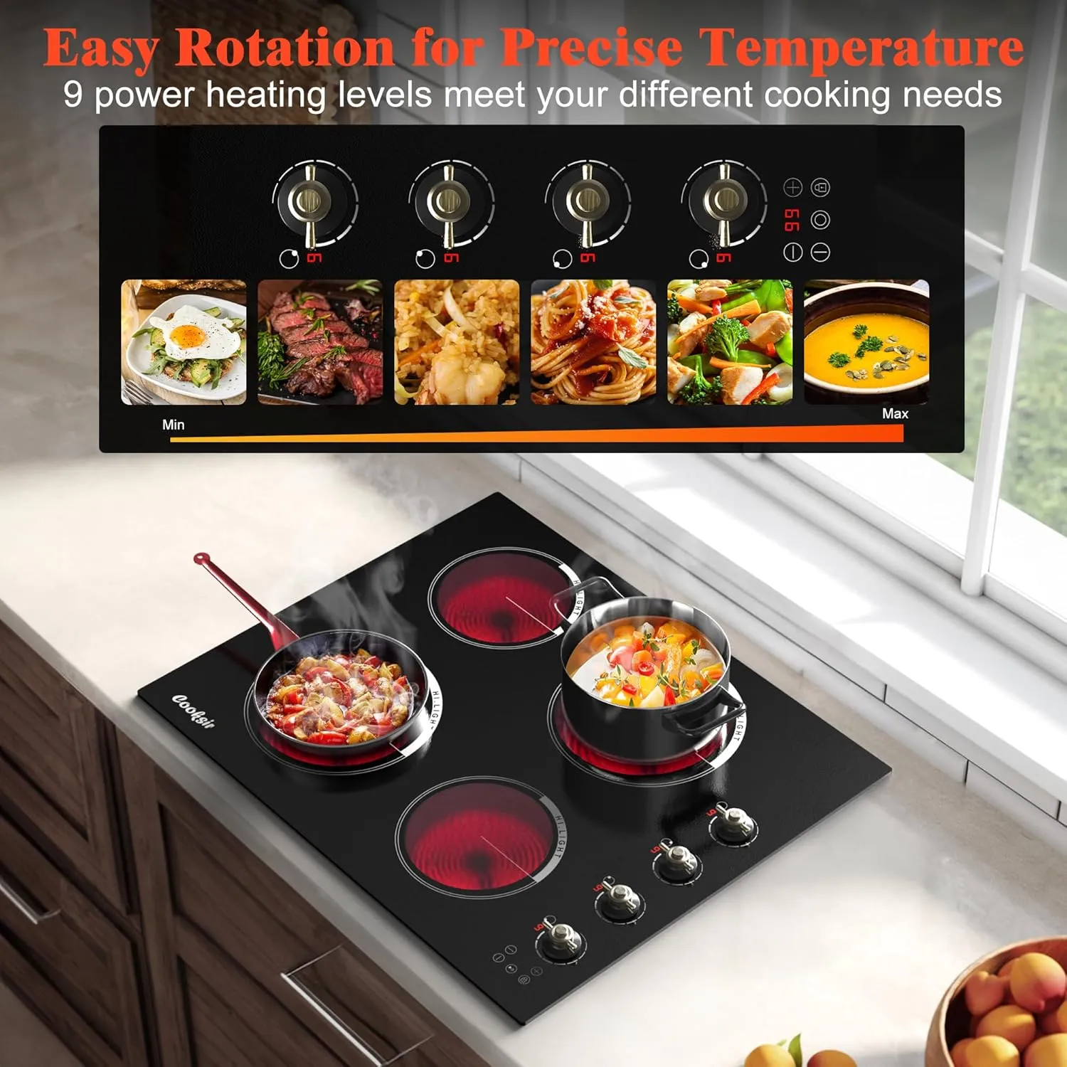 24 Inch Electric Cooktop - 4 Burner Built-in Glass Ceramic Stovetop 6000W, 220-240V Electric Stove Touch and Knob Control, Safety Lock, Pause, 99 Min Timer, 240V Hard Wire(No Plug)